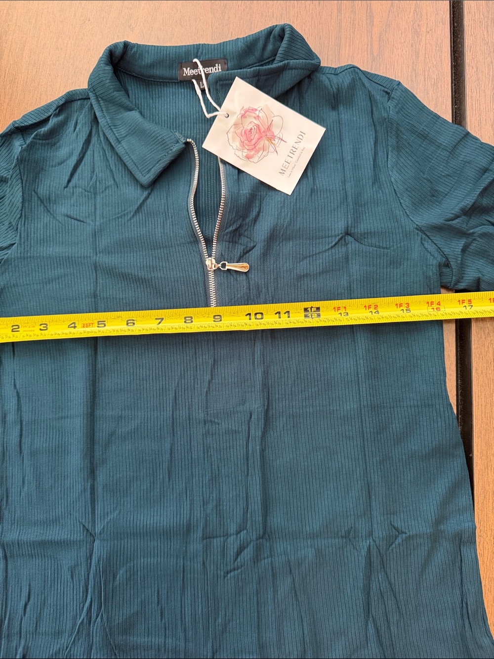 Women’s dark Teal Half-Zip Ribbed Shirt elbow sleeves